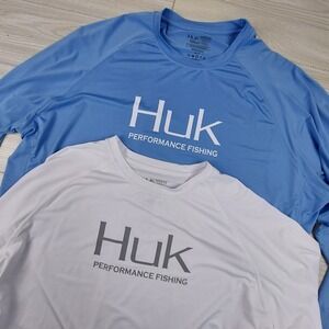 Huk Performance Fishing Shirts Mens XXL Blue White Long Sleeve Graphic Lot of 2
